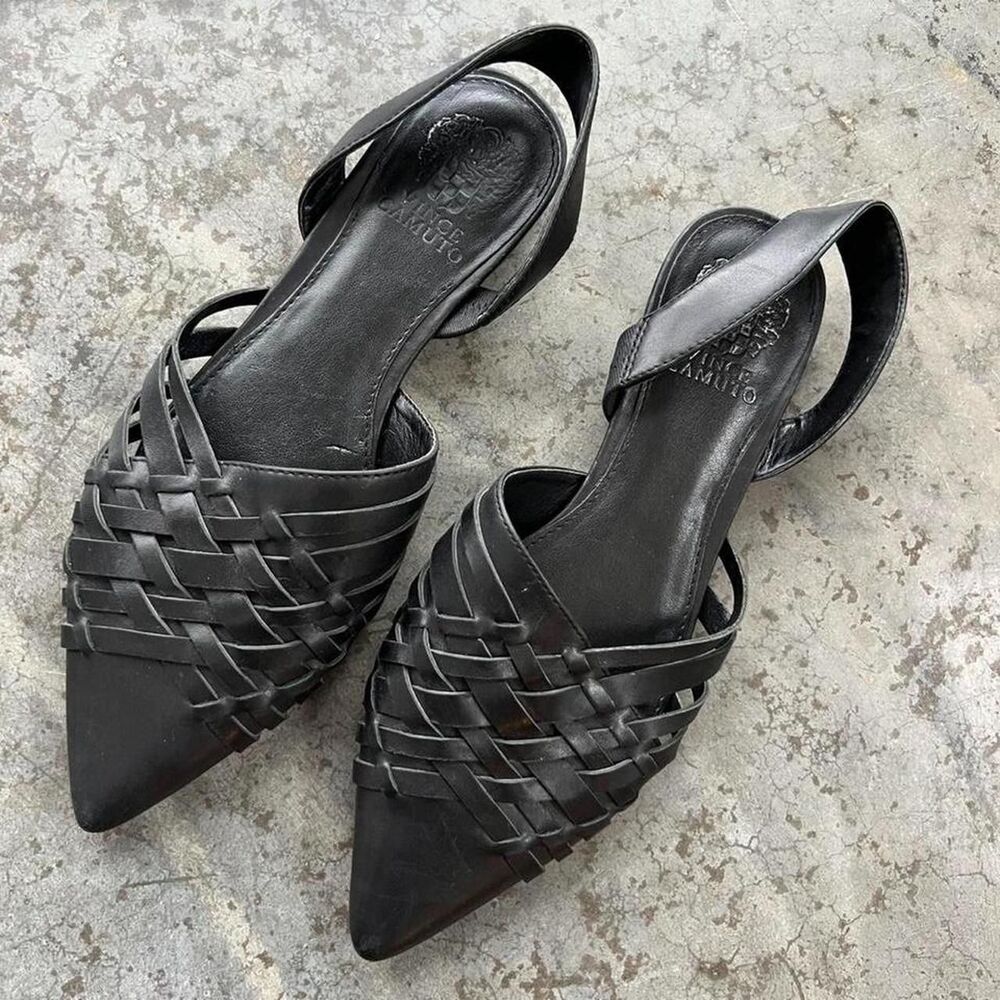 Vince Camuto Woven Leather Slingback Pointed Toe Flats Black